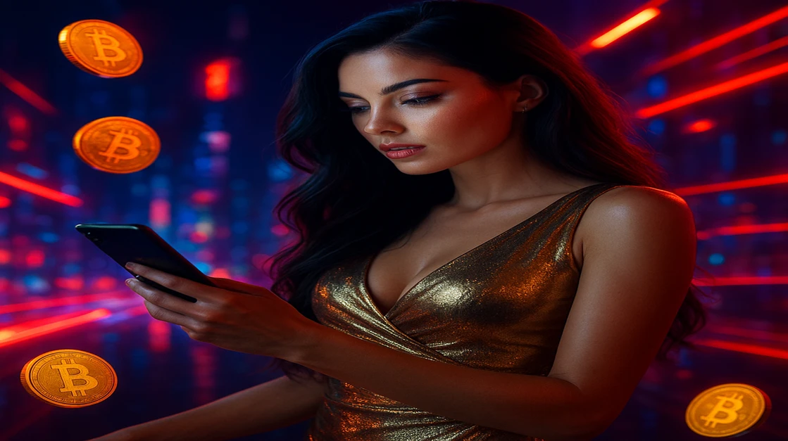 একজন নারী একটি স্মার্টফোন ধরে vip dhaka ক্রিপ্টো-গেমিং প্ল্যাটফর্মে লগইন করছেন, চারপাশে জ্বলন্ত বিটকয়েন মুদ্রা ও একটি ভবিষ্যৎ-গেমিং পরিবেশ ছড়িয়ে রয়েছে।